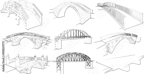 Collection of architectural bridge sketches, wooden stone and steel pedestrian structures, engineering illustrations isolated on white background for design reference