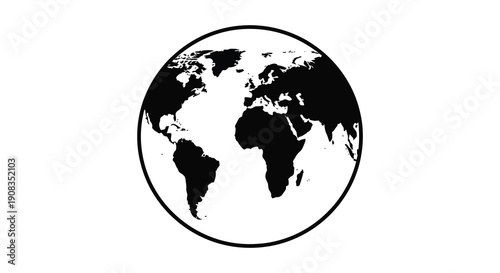 A stark black and white illustration depicts the earth showcasing continental outlines within a circular frame high quality professional detailed