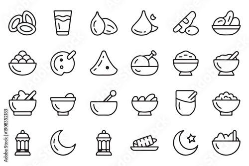 Ramadan suhoor iftar eid food icons set line style, traditional islamic meal, holiday dishes