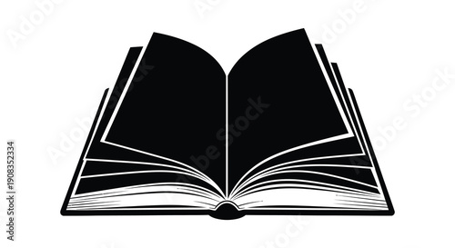 A stark black and white illustration depicts an open book its pages facing the viewer symbolizing knowledge and learning