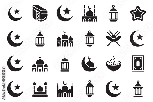 Islamic symbols collection mosque star lantern abstract shapes crescent moon religious icons