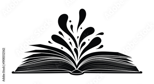 An open book illustration features dynamic swirling shapes emanating from its pages suggestive of imagination high quality professional