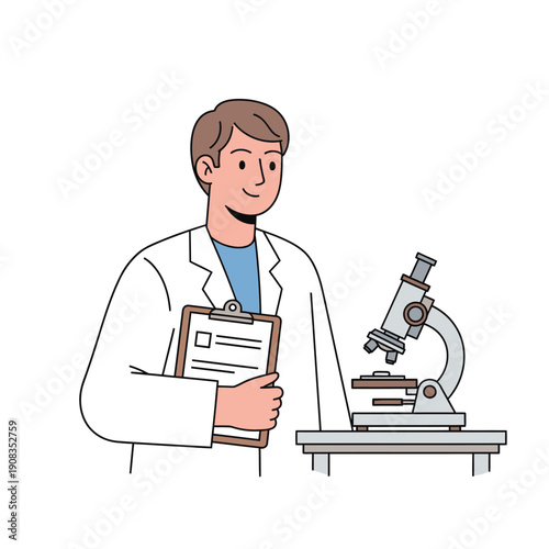 Scientist in lab coat with microscope and clipboard, conducting research