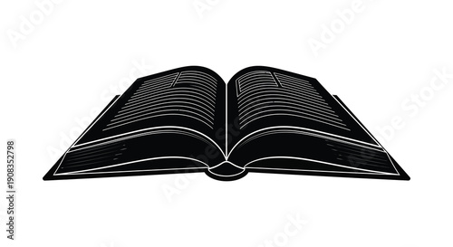 A stark black and white illustration depicts an open book showcasing its pages and spine in detail high quality professional