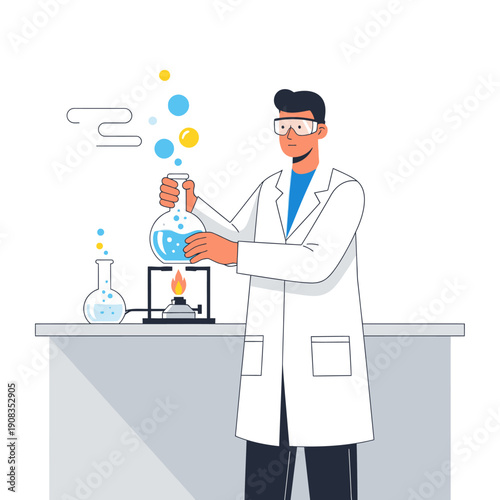Scientist conducting experiment with bubbling liquid in flask over burner