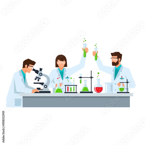 Scientists working in a laboratory, conducting experiments with test tubes and microscope