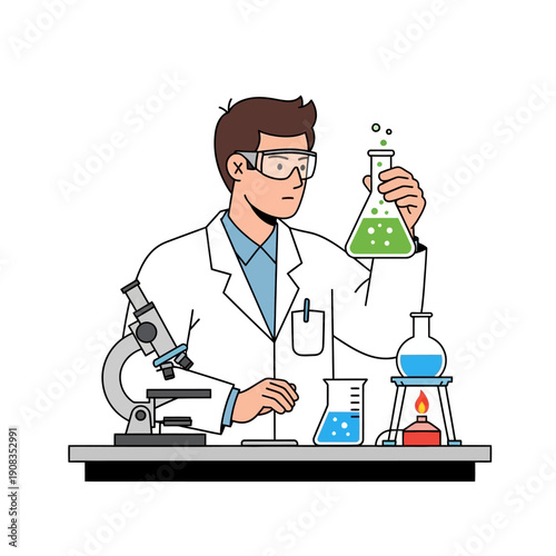 Scientist in lab coat with microscope and flasks, conducting experiment
