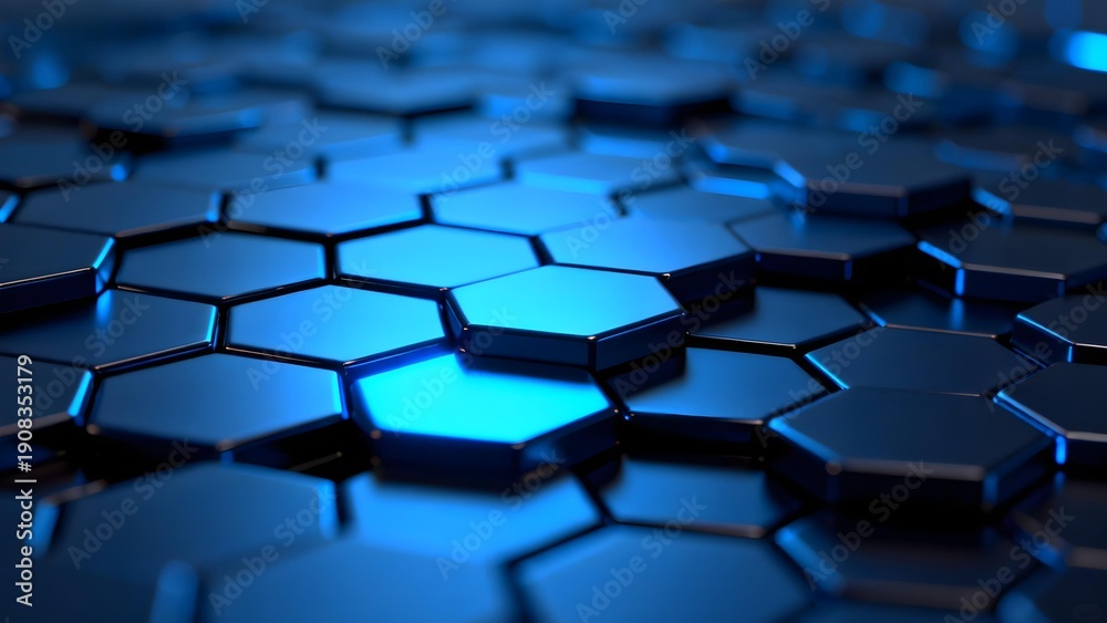 Fototapeta premium Blue hexagonal grid pattern with glowing center, abstract technological surface