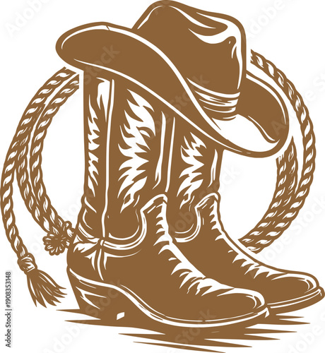 Western Cowboy Boots and Hat with Lasso Vintage Vector Illustration.