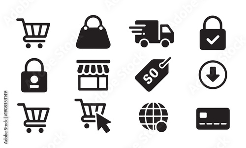 Vector shopping icon set featuring e-commerce symbols like a cart, basket, gift box, and delivery bag for web store business signs