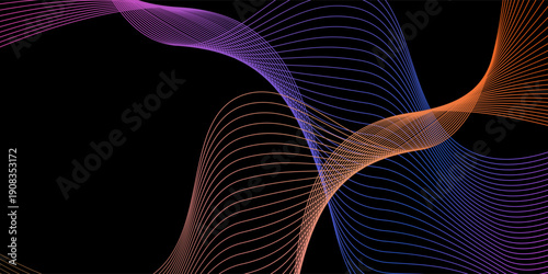 Smooth neon sound wave on black background. Abstract flowing wavy lines design for ai concept, eq equalizer, audio record, voice assistant. Blue pink orange gradient curve stripe wallpaper. Vector