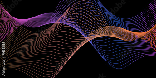 Smooth neon sound wave on black background. Abstract flowing wavy lines design for ai concept, eq equalizer, audio record, voice assistant. Blue pink orange gradient curve stripe wallpaper. Vector