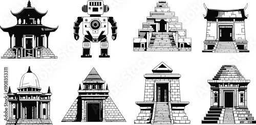 Temple architecture icon set line art ancient shrine pagoda pyramid historic monument building cultural heritage illustration collection