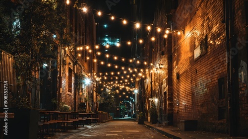 Charming Alleyway Illuminated by Warm String Lights at Night.