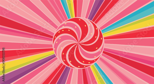 Pink ice cream swirl background, spiral candy pattern with strawberry colorful sunburst twirl, radial lollipop stripes, abstract fun birthday banner vector illustration.eps