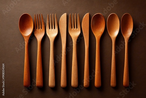 Wooden Cutlery Set on Brown Background