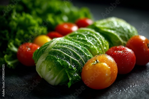 Fresh Vegetables with Water Droplets on Dark Background