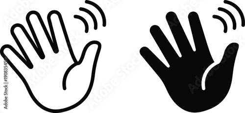 Waving hand gesture icon set showing outline and solid style greeting signal communication symbol black flat vector illustration isolated on white background