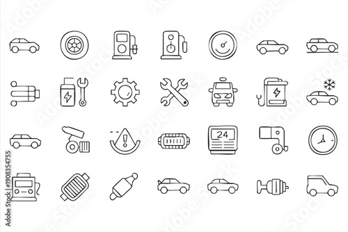 Auto repair outline symbol set, mechanic services, transport assistance graphics for dashboards