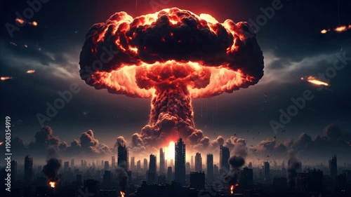 Massive nuclear explosion engulfs city skyline, mushroom cloud and fireballs