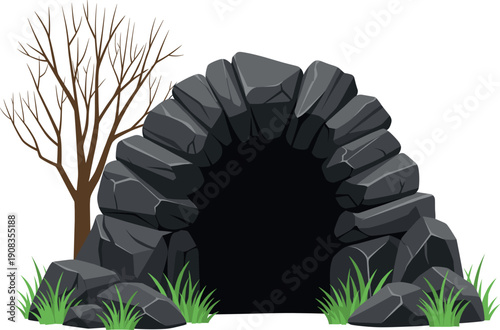 Dark stone cave entrance or rocky tunnel entrance with green grass and a bare winter tree on white background.