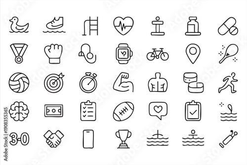 Gym and fitness thin line symbols, workout equipment and health monitoring