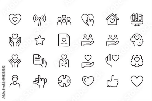 Charity and love line icon collection, donation support, volunteer community symbols
