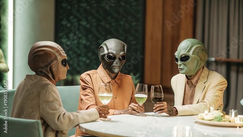 a group of aliens drinking wine
