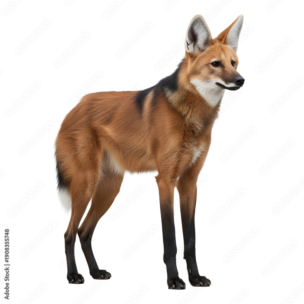 Obraz premium The majestic maned wolf stands tall, showcasing its unique features, including its striking reddish-brown fur and distinctive posture. 
