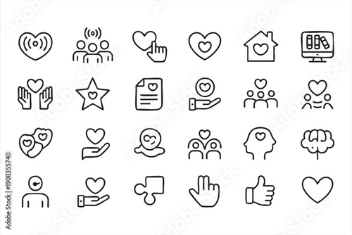 Community support thin line symbols, giving, kindness, protection concepts