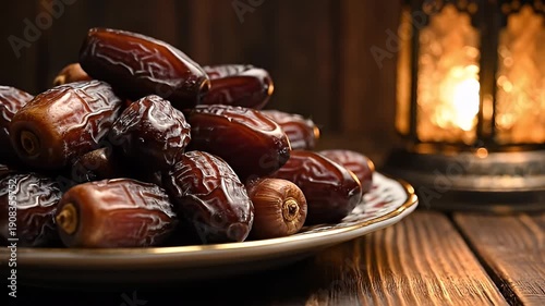 Warm Plate of Juicy Dates on Rustic Table.