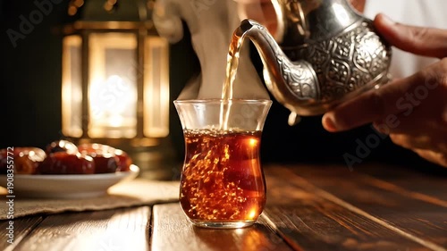 Pouring Turkish Tea into Simple Glass Scene.