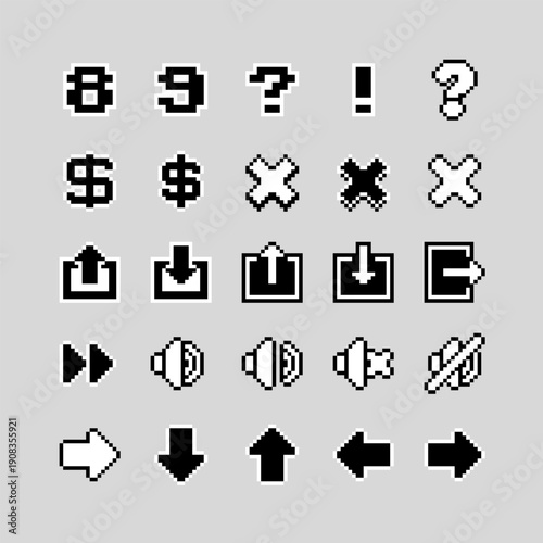 Monochrome pixel UI icon set for retro games and applications. Includes warning symbols, arrows, sound controls, exit buttons and system actions, HUD, menus, arcade and 8bit interfaces.