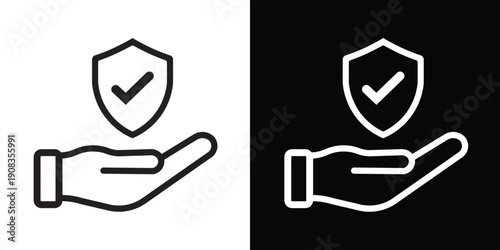 Security and insurance icon showing a shield with a checkmark over a cupped hand. Concept for data protection, safety guarantee, reliable service, and cybersecurity.