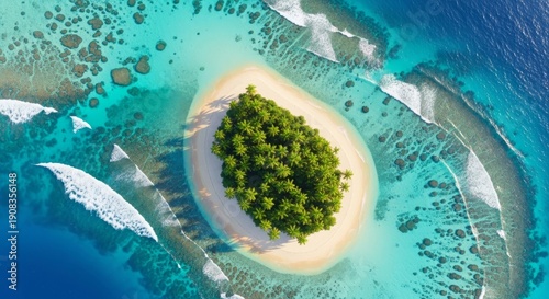 Stunning aerial top-down view of a secluded tropical heart-shaped island with lush palm trees surrounded by vibrant turquoise coral reefs.