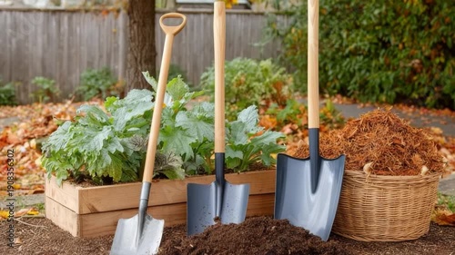 Autumn gardening tools and raised bed with vegetables in backyard setting. autumn backyard with colorful leaves and trees