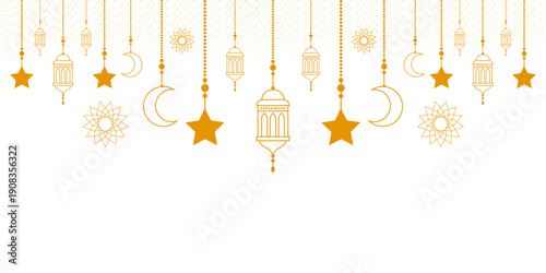 Colorful Arabesque Islamic Pattern with Ramadan Kareem Lantern Garland, Crescent Moon and Golden Stars Background