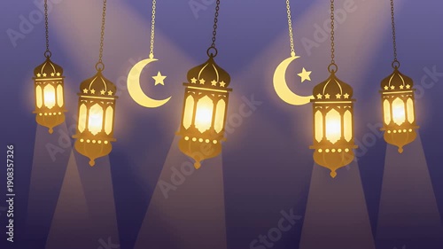 Ramadan Lanterns Glow Across Night Purple Background.