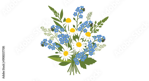 A charming illustration depicts a vibrant bouquet of wildflowers including forget me nots daisies and delicate blue blossoms high quality