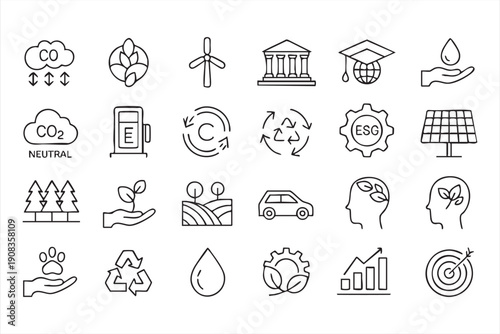 Climate action icon collection, carbon footprint, nature