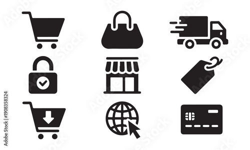 Vector shopping icon set featuring e-commerce symbols like a cart, basket, gift box, and delivery bag for web store business signs