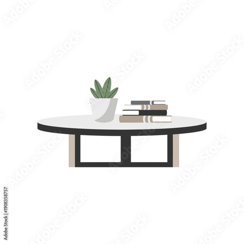 Minimalist coffee table with plant and books, modern living room furniture, clean interior design