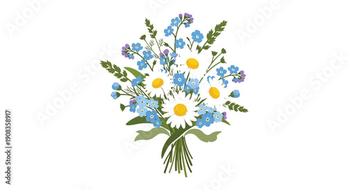 A vibrant bouquet of wildflowers features delicate forget me nots and cheerful daisies tied with a ribbon high quality professional