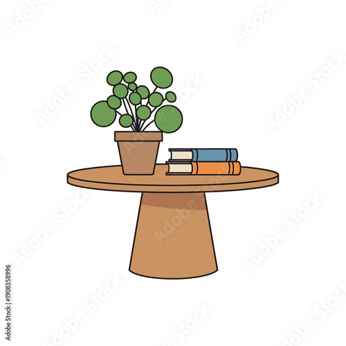Potted Plant and Books on a Round Wooden Table