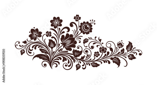 An intricate hand drawn floral arrangement showcasing delicate blossoms and swirling foliage in a vintage style high quality professional