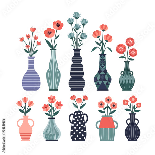 Collection of Decorative Vases with Flowers, Boho Style Illustration
