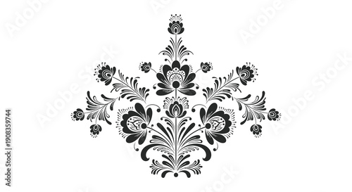 An intricate black and white floral design showcases symmetrical botanical elements and swirling decorative patterns high quality professional