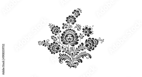 An intricate black and white floral arrangement showcases a symmetrical design with swirling stylized blossoms and foliage