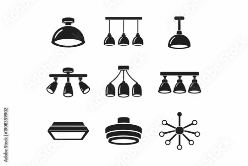 Set of nine black ceiling lamp silhouettes in various designs