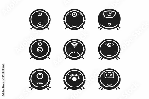 Set of nine robotic vacuum cleaner icons with various functions and designs
